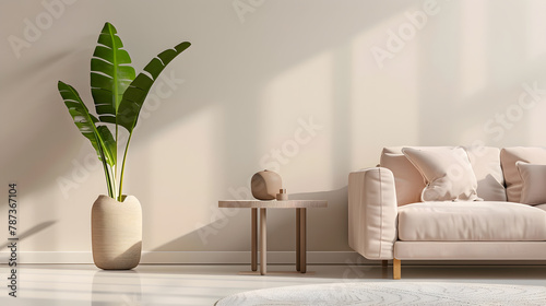 Interior design of living room with copy space beige sofa side table leaf in vase pouf elegant accessories and boucle rug Beige wall Minimalist home decor Template : Generative AI