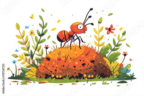 Cartoon ants colony and ant hill, Cartoon ants in the ant hill, Cartoon anthill colony and ants characters. Cartoon ants colony working together bringing food to ant hill. 