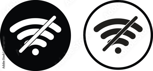 No wifi icon set in two styles isolated on white background . Wifi network is not available icon . No internet signal icon vector