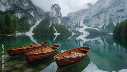 Three wooden boat docked in a lake near mountains  in the style of italian landscapes 