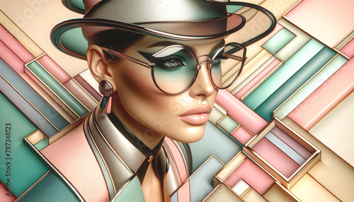 A stylish woman with a modern twist on 1920s fashion, wearing a fedora and round glasses, set against a backdrop of geometric patterns in pastel hues.