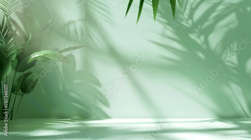 Fototapeta Naklejka Na Ścianę i Meble -  Abstract gradient green studio background for product presentation Empty room with shadows of window and flowers and palm leaves  3d room with copy space Summer concert Blurred backdro : Generative AI