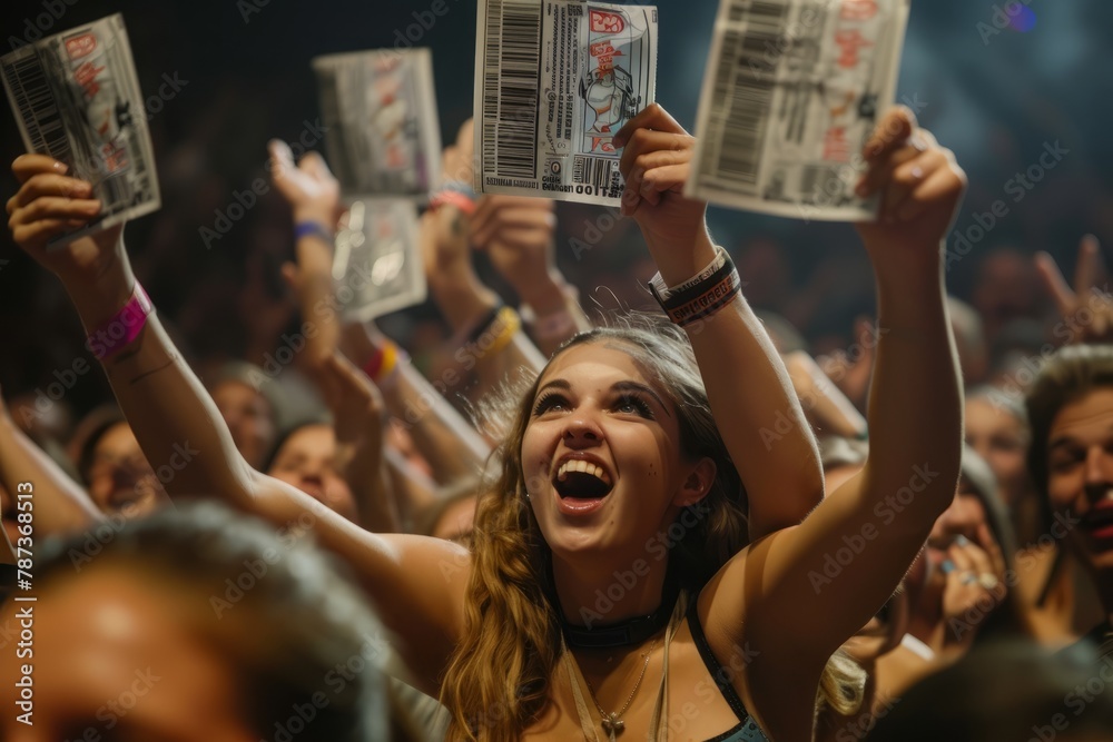 Joyful Audience Member Holding Tickets at Music Festival - obrazy, fototapety, plakaty 