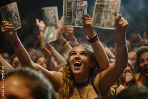 Joyful Audience Member Holding Tickets at Music Festival photo