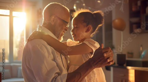 Fototapeta Naklejka Na Ścianę i Meble -  Biracial grandfather dances with biracial granddaughter at home with copy space they share a joyful moment in a modern living space : Generative AI