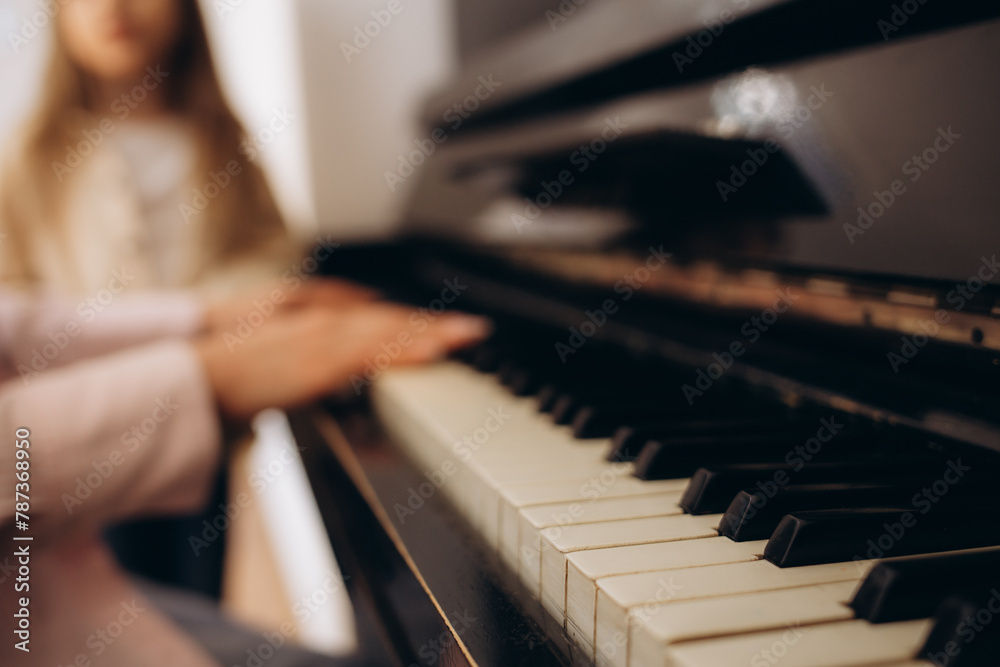 Obraz premium Close up of the hands of a young woman playing piano