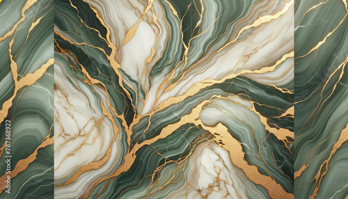 A background of an exquisite marble surface with a blend of soft olive green luxury hues and striking gold veins photo