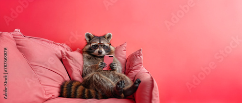an anthropomorphic racoon lies on a sofa while using a cell phone, copy space © Christian Müller