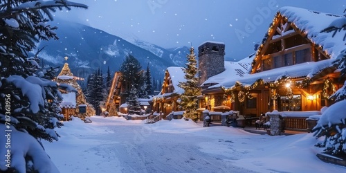 A snowy mountain lodge with holiday decorations and a space for lodge information. 