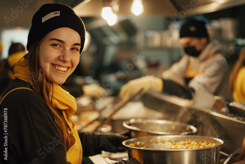 A smiling volunteer serving food at a shelter