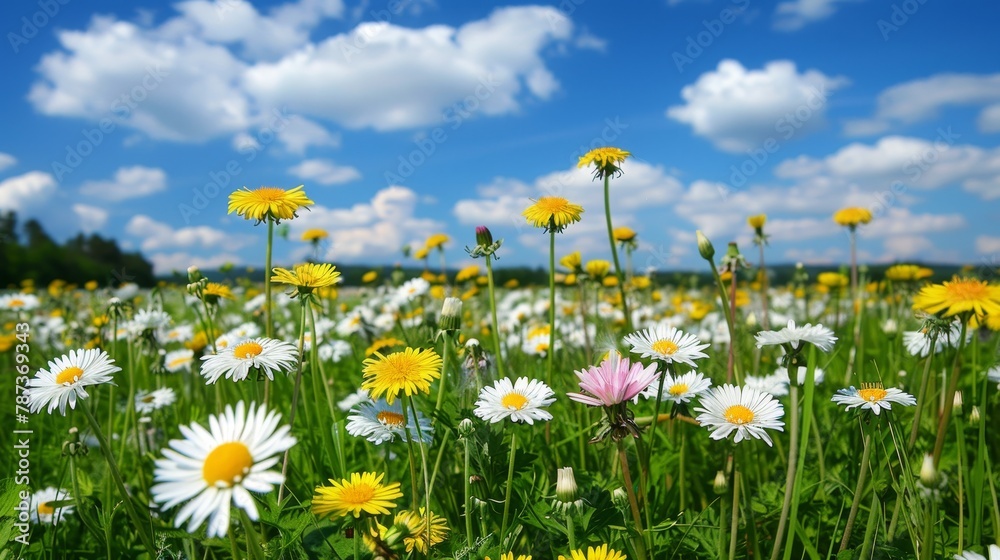 Vibrant meadow with white and pink daisies and yellow dandelions under clear blue sky