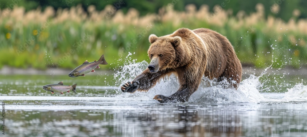 Bear catching salmon mid air and feeding on a fresh salmon in a spectacular display Bear catching salmon mid air and feeding on a fresh salmon in a spectacular display