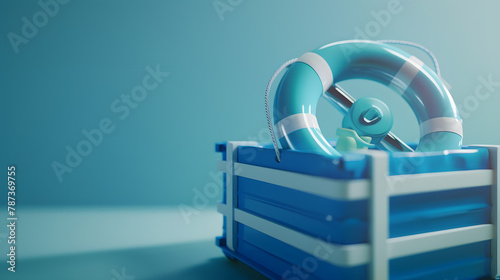 Lifebuoy with blue containers on blue background with copy space Marine cargo shipment or freight insurance in global shipping and logistic industry Insurance is risk management contro : Generative AI photo