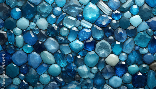 A blue gemstone wall, with varying shades of blue stones fitted together in a mosaic pattern background