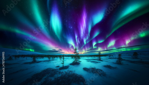A breathtaking landscape under the Northern Lights, displaying a vivid and colorful display of aurora borealis across the sky