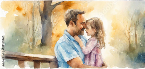 Young daughter hugs her father watercolor art..