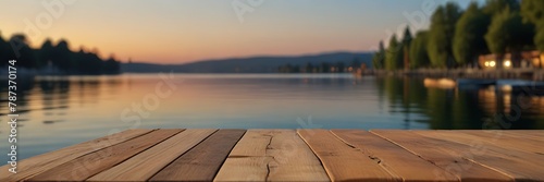 Wooden table top on blurred pool and beach background-can be used for products display