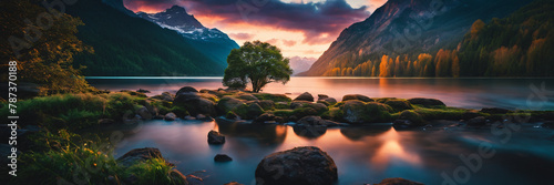 Wide dramatic scene of a marvelous landscape with lake and trees and mountains. photo