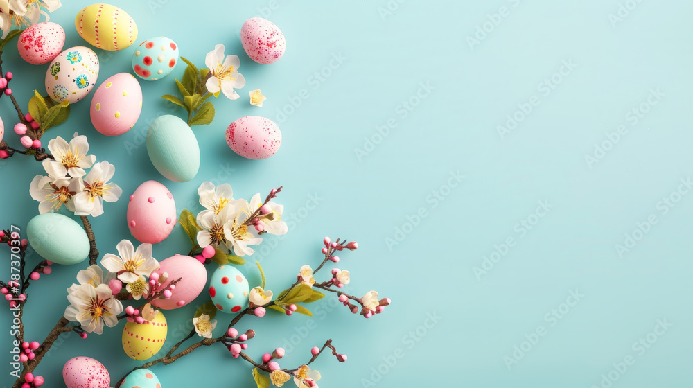 Easter invitation, with and colored eggs on blue background with copy space.
Easter invitation, with and colored eggs on blue background with copy space.