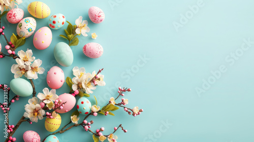 Easter invitation, with and colored eggs on blue background with copy space. 