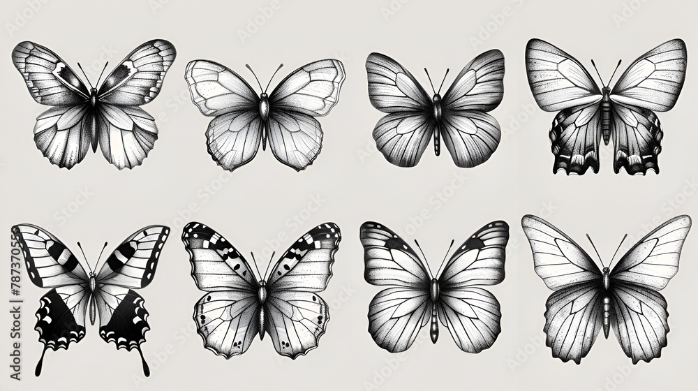 Naklejka premium Set black-white butterflies of a tattoo, generative Ai