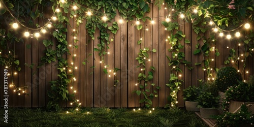 A garden party with string lights and a blank area on a fence for custom messages.