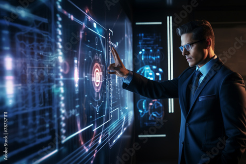 A businessman is looking and pointing at a display of technical graphics, engineering photo