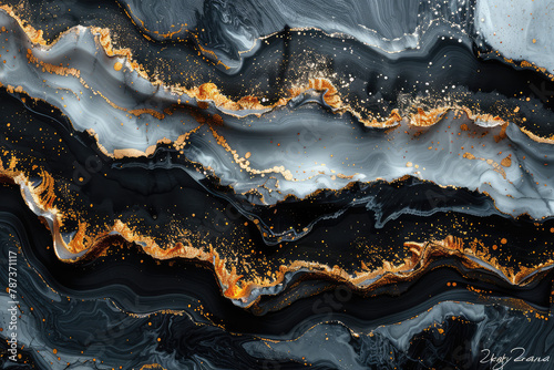 Abstract black and white marble pattern with golden veins, high resolution, large canvas sizes in the style of fluid landscapes. Created with Ai