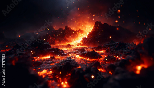 A dramatic background image depicting a volcanic landscape with glowing lava, molten surface of lava