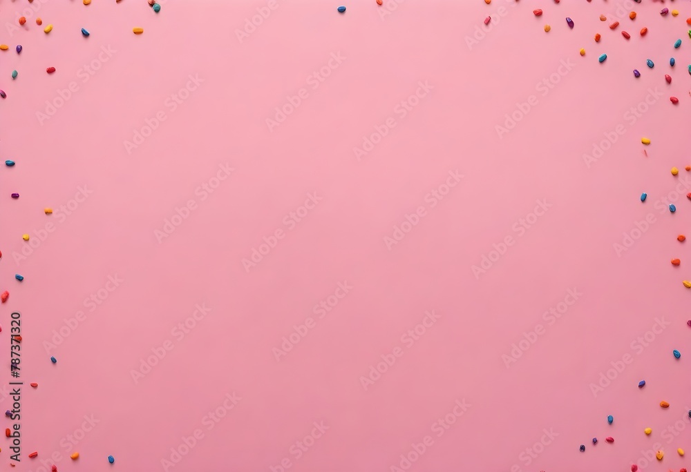 Scattered multicolored sprinkles on a pink background
