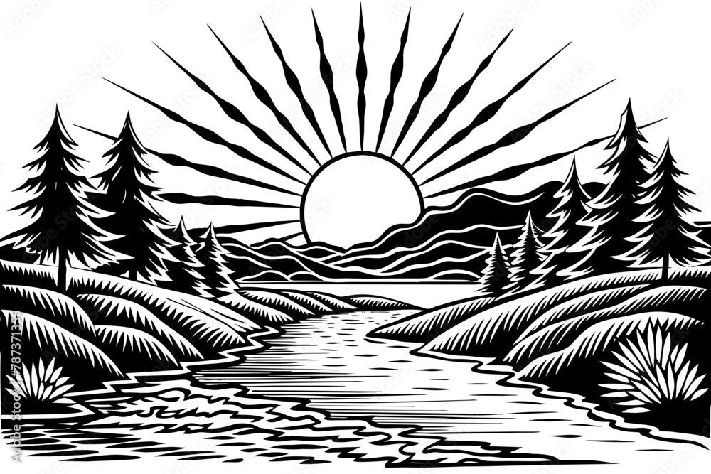 the-sun-is-rising-over-the-river vector illustration the-sun-is-rising-over-the-river vector illustration