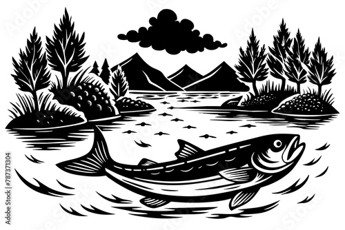 the-river-with-fish-and-boat vector illustration
