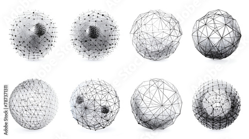 Set of abstract spheres from points and lines on a white background, generative Ai