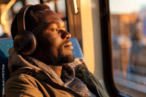 An individual immersed in music through headphones, illustrating a seamless integration with their daily commute