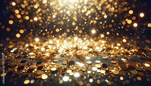 A festive and glamorous background with a scatter of golden glitter and sequins