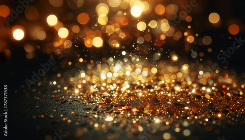 A festive background with golden glitter scattered across a dark surface. The glitter is in sharp focus in some areas