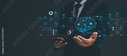 AI tech, Artificial Intelligence. businessman show virtual graphic Global Internet connect Chat with AI, Futuristic technology transformation. Chat with AI