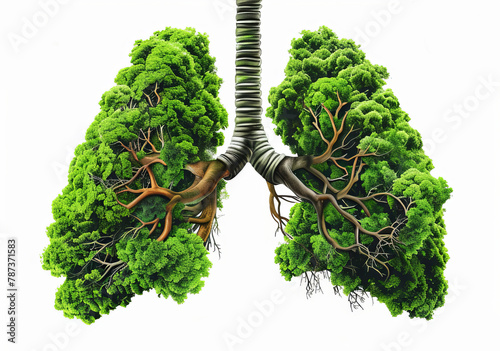 Human lungs conceptualized with dense green foliage and intertwining bronchial tree illustrating eco-friendly living and clean air awareness photo