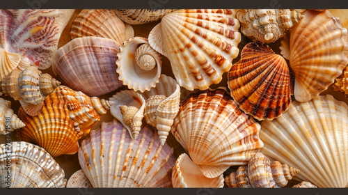 A diverse collection of seashells displayed in close-up, showcasing nature's variety in patterns and textures photo