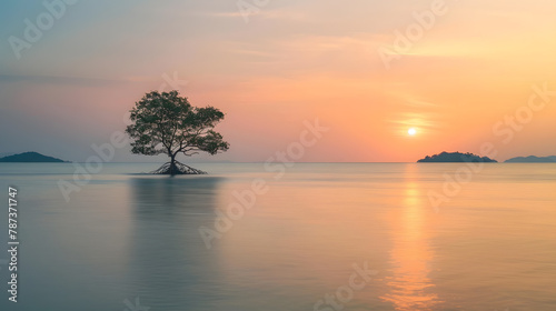 Scenic view of sea with sunset orange dusk sky at peaceful bay with lonely tree in the middle of water and layer islands Koh Mak Island Trat Thailand Minimal panorama background with c : Generative AI