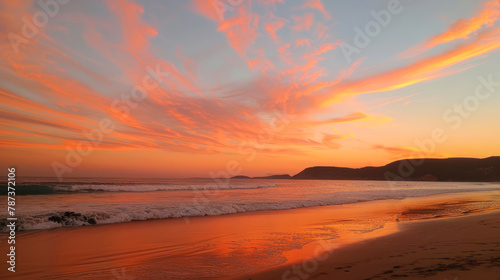 Vivid sunset sky painted in orange and pink over the beach, creating a breathtaking coastal evening scene