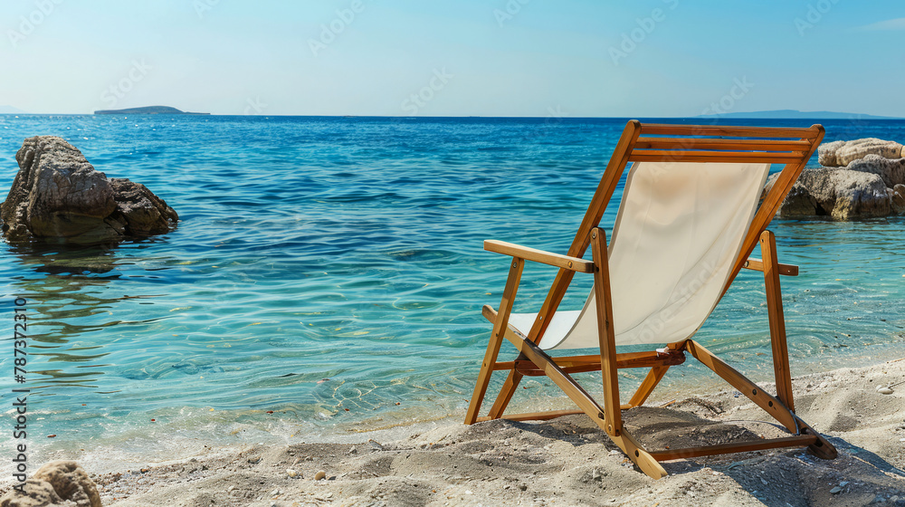Reclining wooden beach chair facing the serene sea, a front-row seat to ocean views