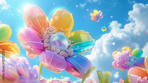 3D illustration of colorful flowers made from candy and pastel eggs, background is blue sky with white clouds, fantasy fairy land © vannet