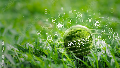 Net Zero concept, net zero greenhouse gas emissions goal Long-term climate-neutral strategy With icons on green globe nature background