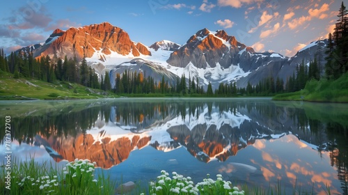 Stunning Landscape Photography. Twilight Glow on Mountain Range and Calm Lake.