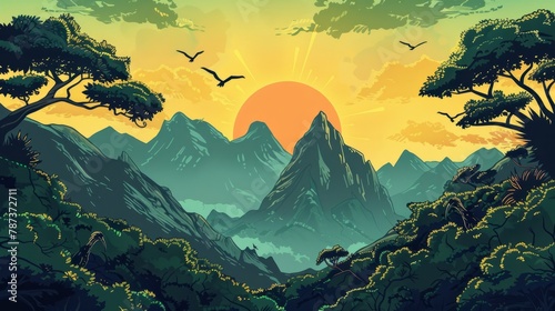 Illustration fantasy mountain viewside with sun rising, birds flying, magical trees and enchanted animals on the bottom. Comic style, vibrant colors, thick black outlines, clean and crisp photo