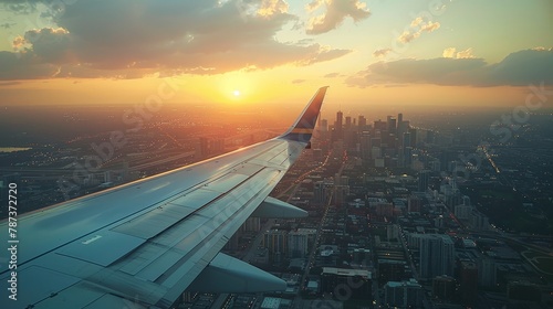 Airplane Wings: A photo of an airplane wing with the city skyline in the background photo