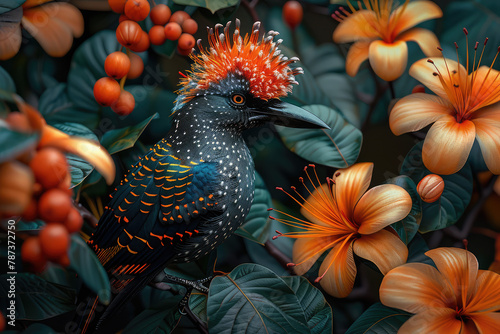 A bird with orange flowers and green leaves, exotic birds in the jungle among tropical plants, in the fantasy art style. Created with Ai © Digital Canvas