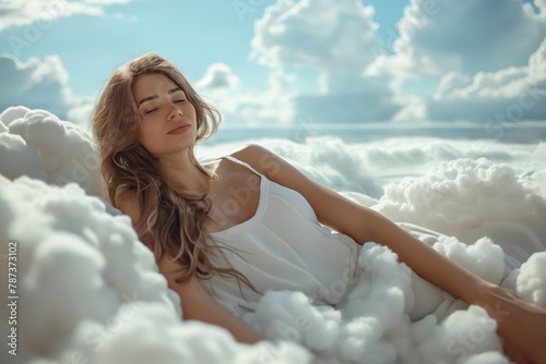 Relaxed woman lounging amidst fluffy clouds a serene expression on her face, basking in the sunlight