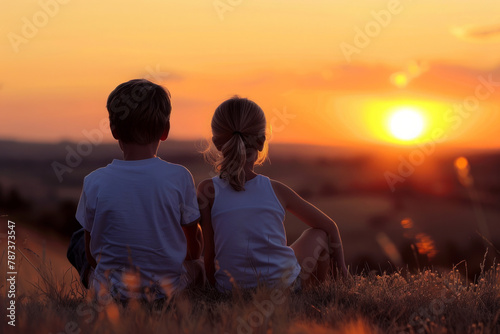 A charming scene of a young boy and girl enjoying a picturesque sunset together